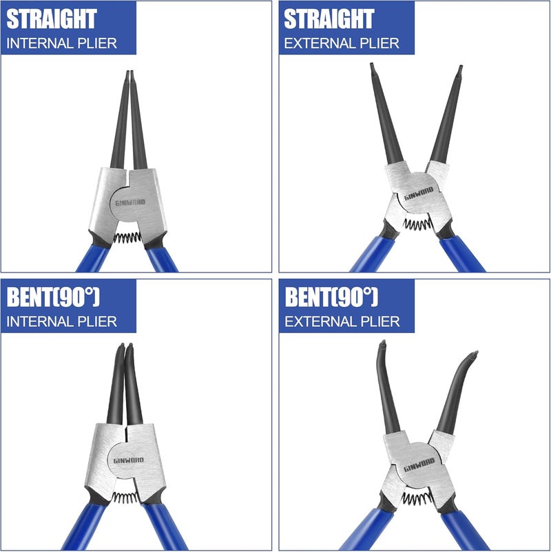 GINWORD 7-inch 4 Pcs Snap Ring Pliers Set, Circlip Pliers Kit, Straight/Bent Jaw, Internal/External Heavy Duty C Clip Pliers for Ring Remover Retaining,Blue - Image 4